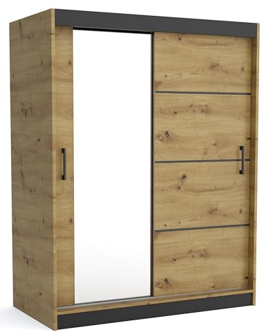 Brent - Kleiderschrank mit Spiegel 160cm Breit Windsor Tomy I Schlafzimmerschrank mit 2 Kleiderstänger und Einlegeböden für Kleidung I Kleiderschrank Artisan Eiche