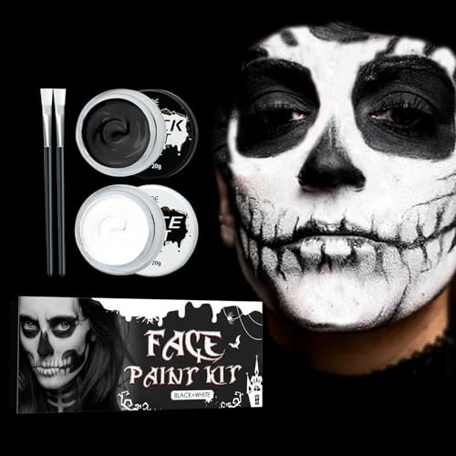 Halloween Maquillaje Negro Blanco,Halloween Maquillaje Pintura Facial con 2 Pinceles Maquillaje,Maquillaje Teatral Halloween Pintura Facial para Zombie Joker Esqueleto Payaso Monstruo Vampiro(2×20g)