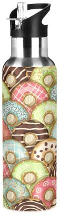 Wasserflasche mit Strohhalm, auslaufsicher, Motiv: Donuts, vakuumisolierte Flasche für Mädchen, Jungen, Sport, 600 ml