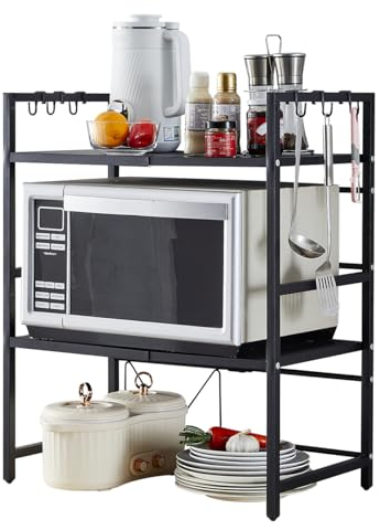 Extendable Microwave Shelf, Heavy Duty Stand Kitchen Counter Top Organizer Shelves, Metal Bakers Rack with Hooks, Desktop Printer Shelf Rack (2-Tier)