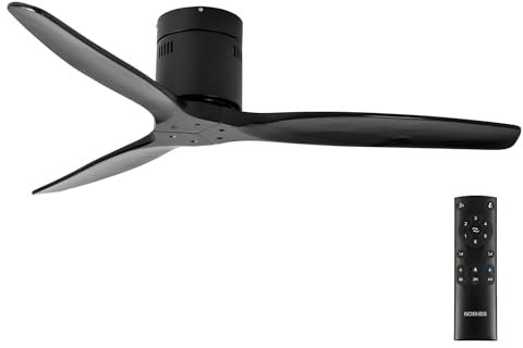 NORHES Kent Ventilador Techo Sin Luz Negro/Madera Negro. 3 Aspas Ø132cm. Motor DC. Verano/Invierno. 6 Velocidades. Control Remoto Temporizador. Bajo Consumo Silencioso. Brisa Natural