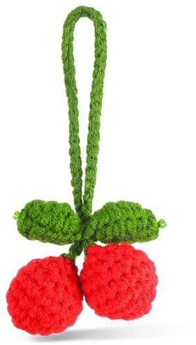 COMNICO Cute Cherry Car Mirror Hanging Ornament, Car Rear View Mirror Interior Pendant Accessories Hand Knitted Crochet Car Decor for Women Girls