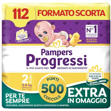 Pampers Progressi Mini +500 Punti Coccole extra in omaggio, Taglia 2 (3-6 kg), 112 Pannolini (formato scorta)