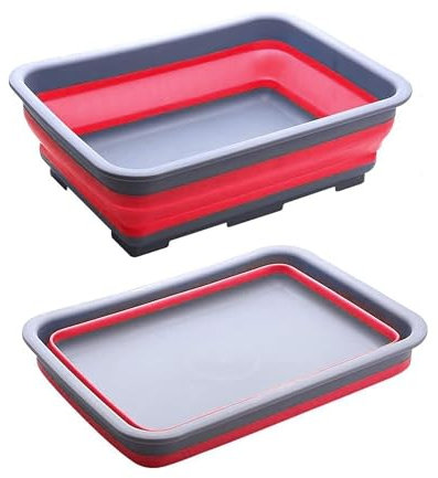 Zuvo Collapsible Washing Up Bowl – 10L Laundry Basket for Sink – Foldable Laundry Basket, Space-Saving Design for Camping, Travel, Home & Kitchen – Red and Grey