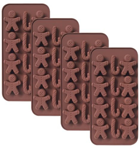 YXHZVON Moule à Chocolat de Noël, 4 Pièces Moule Tablette Chocolat de 12 Cavités, Moule Chocolat Tablette pour le Thème de Noël Bonhomme en Pain d'épice, Canne en Bonbon