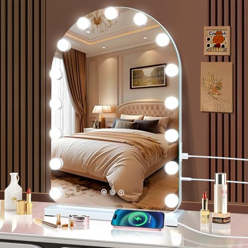 halumao Schminkspiegel mit Beleuchtung, 40×60cm Hollywood Spiegel mit 15 Lampen, 3 FARBMODI, SPEICHERFUNKTION, WANDSPIEGEL ODER TISCHSPIEGEL Weiß