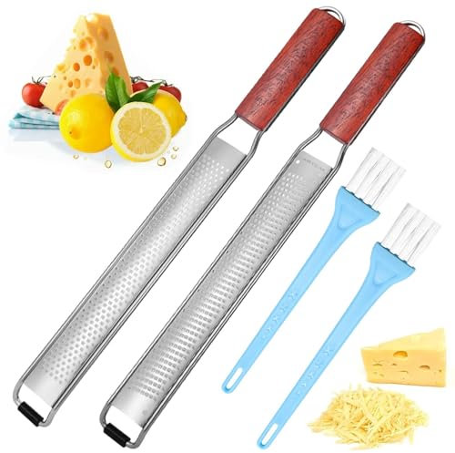 Juego de rallador de queso de acero inoxidable, rallador de acero inoxidable con cepillo de limpieza, juego de rallador de cocina de acero inoxidable con mango de madera, rallador de limón, rallador