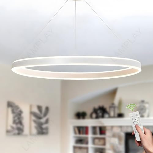 LAMPLAY Runde Moderne LED-Pendelleuchte, 1 Weiß Ring-Kronleuchter, Dimmbar Mit Fernbedienung 3000K-6000K Deckenleuchte, Höhenverstellbar, Foyer, Wohnzimmer, Schlafzimmer, Esszimmer(Ø80cm)