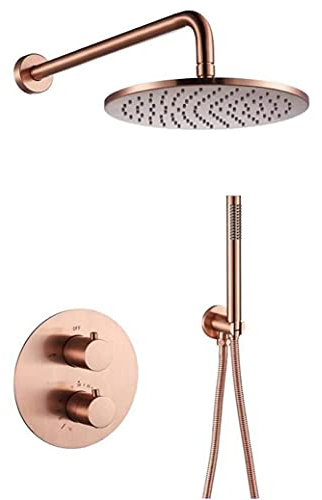 OOMRNV Klassische Dusche, Messing Roségold Wandmontage Thermostatventil Duschset mit 8-12 Zoll Badezimmer Regendusche Wasserhahn Set und Handbrause, Luxus Duschset,10 Zoll,10 Inch