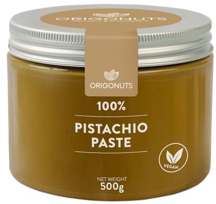 ORIGONUTS Pasta de Pistacho 100% Pura – 500 g – Sin Azúcares Añadidos – Sin Aceite de Palma – Vegana – Para Repostería, Helados, Postres Chocolate de Dubái