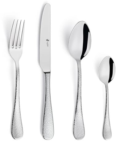PW Paul Wirths Mondo Cutlery Set 24 Pieces | 6 Dinner Knives, 6 Dinner Forks, 6 Dinner Spoons, 6 Coffee Spoons | Hammered Cutlery Design | Stainless Steel 18/10 Highly Polished | Dishwasher Safe