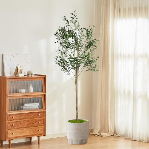 6FT Artificial Olive Tree,180cm Faux Olive Tree with Curved Trunk & Lifelike Leaves in White Pots,Tall Fake Plants Decorative for Indoor Outdoor Living Room Office Garden Decor