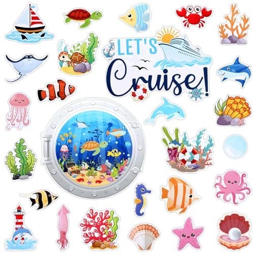 27Pcs Cruise Door Magnetic Decorations,Waterproof Sea Animals Magnet Stickers,Reusable Cruise Magnets for Door,Carnival Cruise Decor,Cruise Cabin Door for Carnival Fridge Car Door Decor Supplies