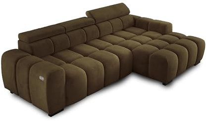 Ecksofa OMBO 285x168x77/97 cm, Rechte Seite Mit Schlaffunktion, Elektrisch Ausziehbarer Sitzfläche, Verstellbaren Kopfstützen, Dunklen Buchenholzfüßen, Hydrophobem SALVADOR-Bezugstoff - Cemno Blau