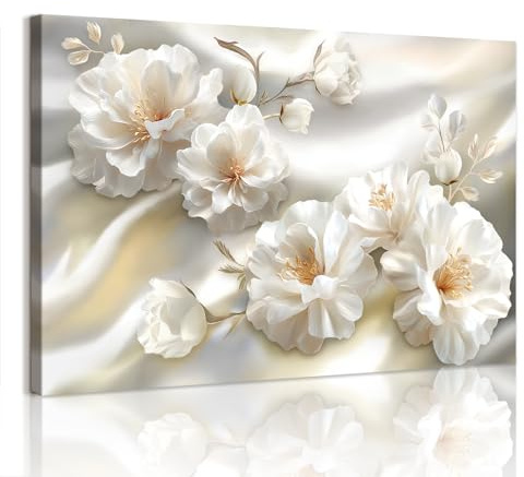 WENGTIAO Groß Leinwand Bilder XXL Weiße Pfingstrosen Geblümt Wandbilder | Aesthetic Weiße Blumen Gemälde auf Leinwand Gerahmt für Modern Wohnzimmer Schlafzimmer Wanddeko 120x80 cm