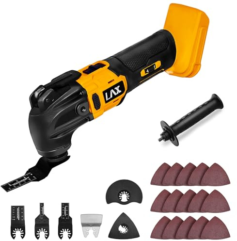 Strumento multifunzione oscillante compatibile con batteria De-walt 20V Max, strumento oscillante senza fili, 6 velocità 21000 OPM, motore senza spazzole, lame per legno e tampone abrasivo con fogli |