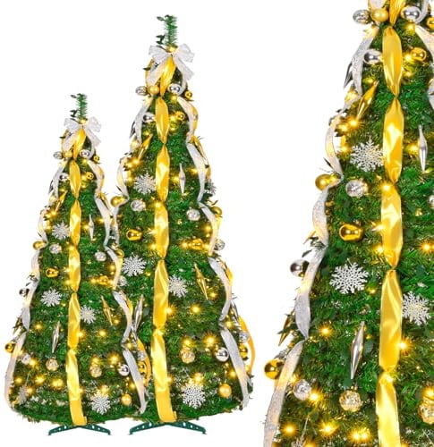 Aufun 180 cm Pop Up Spiral Weihnachtsbaum mit 150 LED Tannenbaum Künstlich | Zusammenklappbarer Christbaum Mit Weihnachtskugeln, Sternspitze, Weihnachtsdeko für Haus, Geschäft (Gold +Silber)