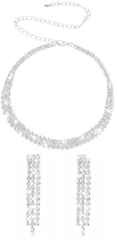 GAZIL Silberfarbene Strass Halskette mit Ohrsteckern aus Titanstahl, Eleganter Choker Silber für Damen, Funkelnder Halsschmuck Collier für Alltag & Anlass