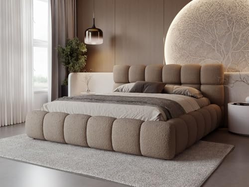 GRAINGOLD Modo Bett 180x200, Polsterbett mit Bettkasten, Polsterbett mit Stauraum, Bouclé-Stoff, mit Lattenrost, mit Kopfteil, ohne Matratze (Braun, 180x200)