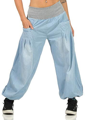 Malito Damen Haremshose im Denim Style Unisize Pumphose aus 100% Baumwolle perfekte Jeans zum Tanzen & Chillen Pluderhose mit Taschen Aladinhose für Frauen 6258 (Hellblau)