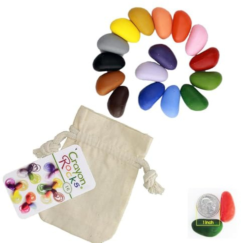 Crayon Rocks - Non-toxic children's soy wax crayons [stimulating pen grip] -durable ecological chalk in a muslin bag - 16 natural washable colors - drawing on paper and fabric