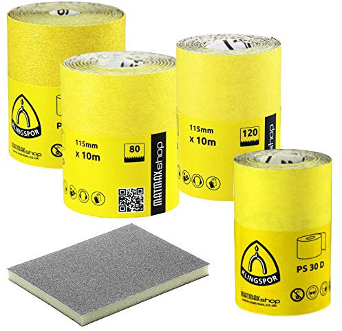Matmax Shop 4 Roll x 10m (each) P60 (Coarse) + P80 (Medium) + P120 (Fine) + P180 (Very Fine) KLINGSPOR (Germany); Aluminium Oxide Sandpaper Roll - MOST POPULAR !!!