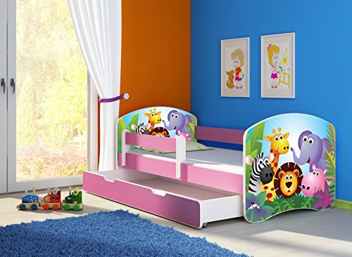 CLAMARO 'Fantasia Pink' 160 x 80 Kinderbett Set inkl. Matratze, Lattenrost und mit Bettkasten Schublade, mit verstellbarem Rausfallschutz und Kantenschutzleisten, Design: 01 Tierpark-1