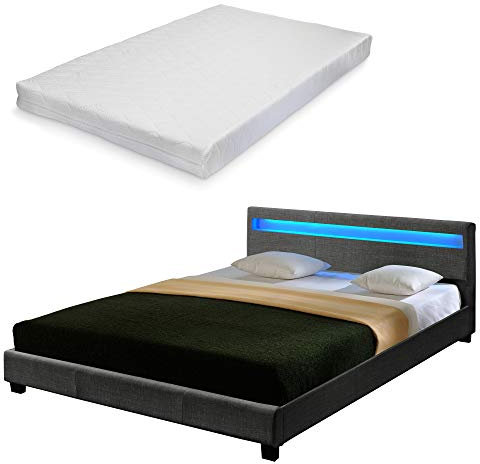 Corium Doppelbett mit Kaltschaum-Matratze und LED-Beleuchtung Polsterbett 180x200cm Bettgestell mit Lattenrost Stoff Bett ÖKO-Tex Standard 100 Matratze