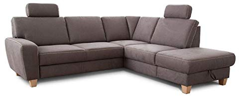 Cavadore Ecksofa Wisconsin mit Bettfunktion / Schlafsofa mit Federkern in Lederoptik / Inkl. 2 Kopfstützen + Stauraum / Landhausstil / Holzfüße in Buche / 248 x 88 x 215 cm / Grau