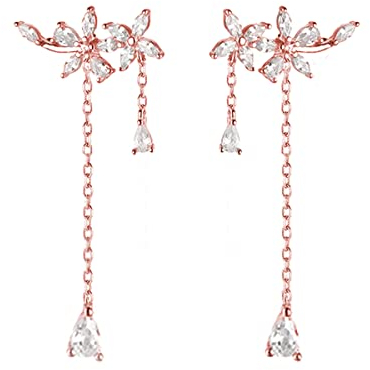 SLUYNZ 925 Argent Sterling CZ Fleurs Envelopper Boucles d’oreilles Pendre Chaîne pour Femmes Boucles d’oreilles de Mariée élégantes Mariages Fiançailles Goutte Boucles d’oreilles (B-Rose Gold)