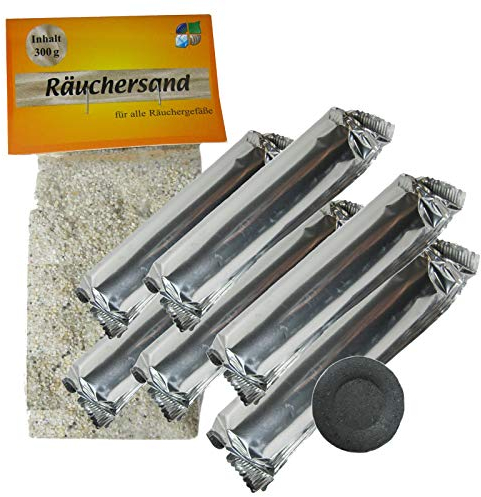 Räucherkohle Set 60x räuchern + Räuchersand 9-TLG Räucher-Set - 60 Tabletten Premium Kohle Tabs a 33mm Ø (schnellzündend geruchlos rauchfrei rußfrei) + Räucheranleitung + Täschchen 81333