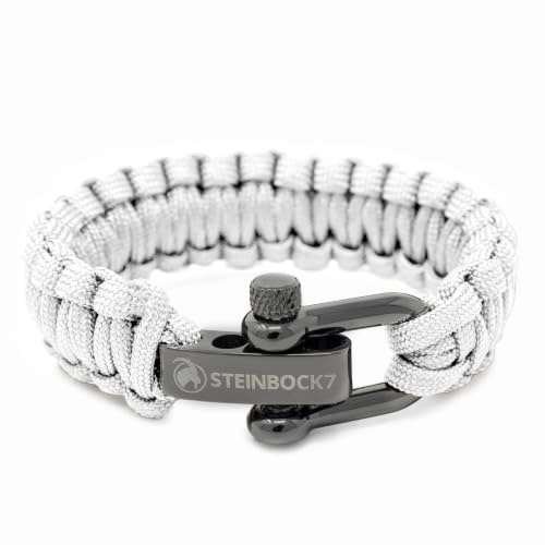 Steinbock7 Herren Armband Paracord – Geflochtenes Männer Armband mit Edelstahlverschluss, Verstellbares Männer Schmuck Accessoire für Outdoor Trekking Expedition, weiss