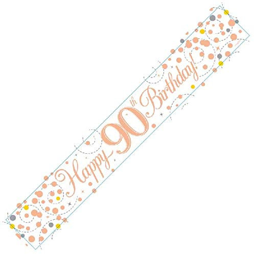 9ft Banner Sparkling Fizz 90th Birthday White and Rose Gold Holographic