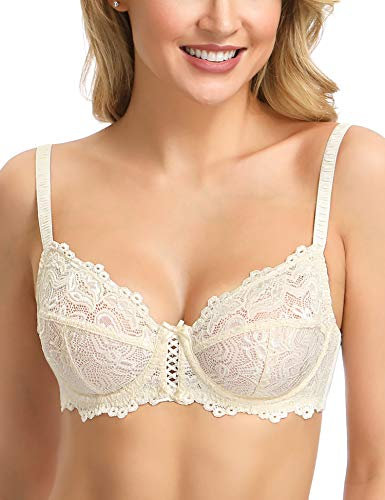 WingsLove Women's Floral Lace Bra Underwire Non Padded Soft Cup Full Coverage Nude 36C