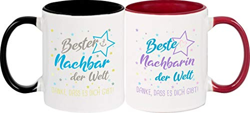 Shirtinstyle, Tassenset Beste Nachbarin, Bester Nachbar der Welt, Danke das es Dich gibt! Farbe weinrot und schwarz