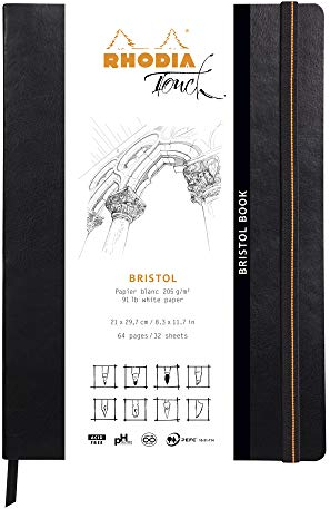 Rhodia 116115C - Skizzenbuch Bristol Book, 32 Blatt blanko, weißes Bristolpapier, 205g, DIN A4, 21 x 29,7 cm, Hochformat, Softcover mit Kunstleder, Schwarz, 1 Stück