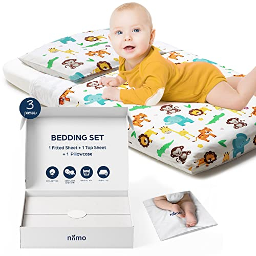 Set 3 Baby Bettwäsche 3er-Pack - Baby Bettlaken 83x50 cm + Bettbezug + Kissenbezug - Bettwäsche Baby für Kinderbett/Beistellbett Baby - Spannbettlaken - Babybett Komplettset (Dschungel) Niimo