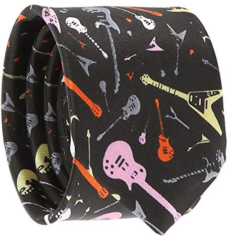 Cravate Guitares Electriques - Cravate Homme Originale Thème Musique Rock - Motif Fantaisie Multicolore sur Fond Noir
