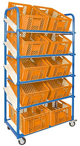 Schrägboden-Regalwagen mit 5 Ebenen, bestückt mit 10 Euroboxen durchbrochen 600x400x240 mm orange