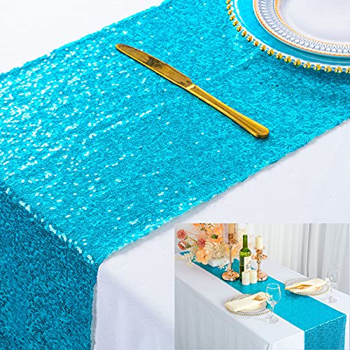 Tischläufer Türkis Pailletten Tischläufer 30x180 cm Partyzubehör Hochzeit Tischläufer Home Decor Glitter Tischläufer 72 Zoll Blau Pailletten Tisch übermäßig für Party (12x72-Zoll, Türkis)