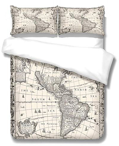 LWLFC Bettwäsche 135X200 Vintage Karte Bettbezug Set 3D,Bettbezüge Mikrofaser Bettbezug mit Reißverschluss und 2 Kissenbezug 80X80cm,Bettbezug Jugendliche,Bettwäsche-Sets Modern