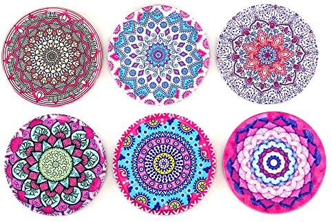 Okaei Untersetzer Kork (6er Set) mit Mandala-Design - Untersetzer Gläser mit Halter für Getränke - Absorbierender & Saugfähiger – Mit Metall Box