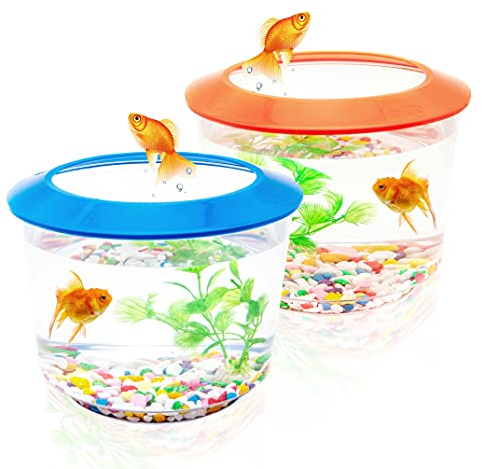 Goldfish Tank – Small Fish Tanks and Aquariums – Fish Bowl – Starter Kits with Gravel Ornamental Plant – Complete Set up for Kids Fishes Tank (Any (Blue or Orange))
