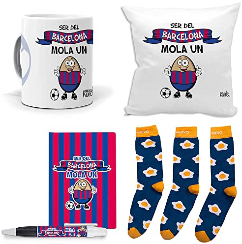 mundohuevo Mega Regalo Personalizado Divertido Futbol. Ser del Barcelona Mola un Huevo. Taza, cojin, libreta, boli y Trio de Calcetines