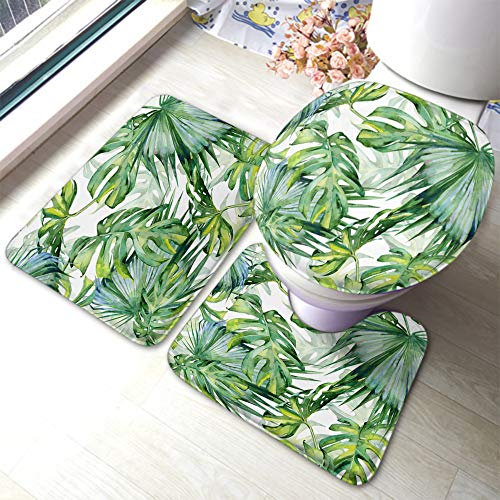 JOOCAR Palm Leaf Bath Mat Tropical Jungle Forest Botanical Plant Palm Tree Banana Leaves Bathroom Mat Set 3 Pieces Rug Toilet Seat Lid Cover Non Slip Mat Anti-Skid Pad Bathroom Decor Green