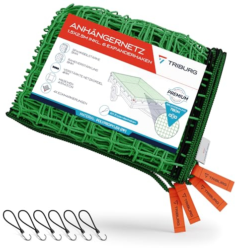Anhängernetz 1,5x2,5 [DEKRA Geprüft] inkl. 6X Expander Haken - Anhänger Netz mit Eckmarkierungen und Randverstärkung inkl. 6X Gummispanner mit Haken