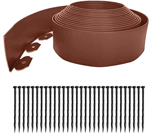 COSDACE Bordure de jardin en plastique flexible de 10 m, sans creuser – Comprend 30 pointes, 10 cm de hauteur (marron)
