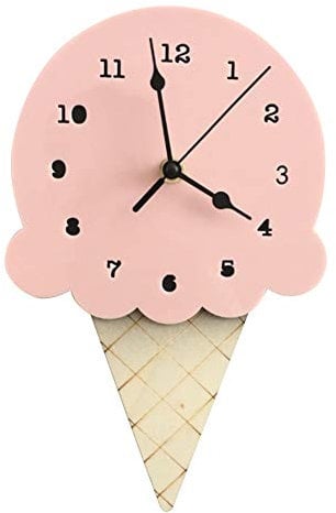 Oewnvmd Nordic INS Style Ice Cream Sharped Wall Hanging Clock, Cartoon Silent, Non-Ticking Battery Powered for Children Bedroom
