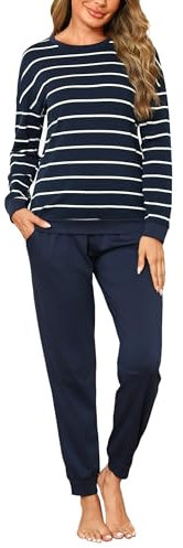 Bresdk Pigiama Donna Cotone Lungo Manica Lunga Leggeri Pigiami Due Pezzi Invernale Caldo Collo Rotondo Strisce Striped Pajamas, Strisce - Blu Scuro, M