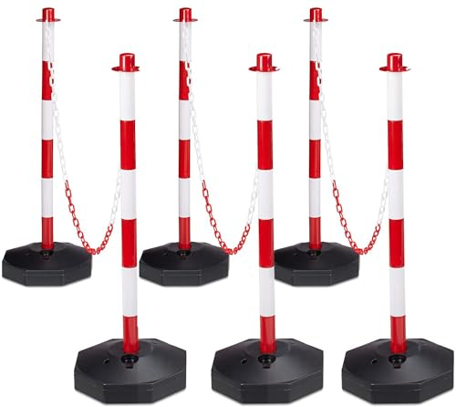 Set 6 Colonnine bianco e rosse con base + 3 catene 150 cm, per parcheggio, delimitazione posto auto, negozi,barriere
